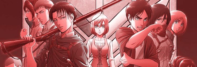 A poster of the Attack On Titan anime with three main characters of the series
