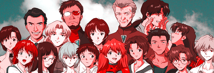 A poster of the Neon Genesis Evangelion anime with multiple characters from the series